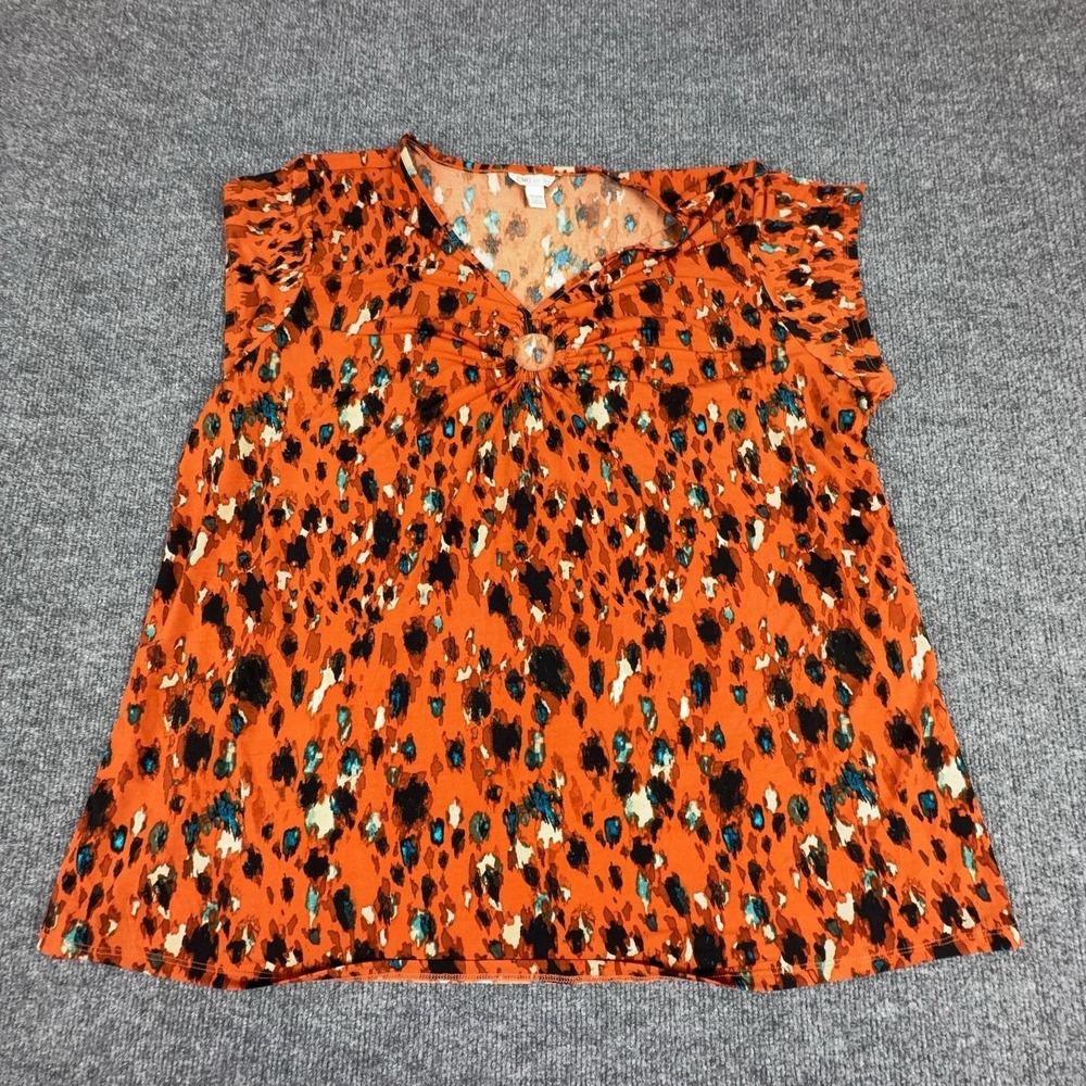 Cato Blouse Womens 18/20W Orange Animal Printâ Ring Front Flutter Sleeve Top